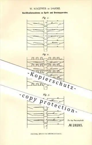 original Patent - W. Wagener in Dahme , 1884 , Kolonne zu Sprit- und Brennapparaten , Bier , Wein , Essig , Brauerei !!!