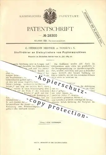 original Patent - G. Hermann Mehner in Nossen , 1883 , Stoffrührer an Zylindern von Papiermaschinen , Papier !!!