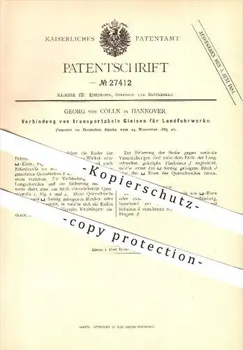 original Patent - Georg von Cölln in Hannover , 1883 , Verbindung von transportablen Gleisen , Eisenbahn !!!