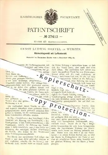 original Patent - Ernst Ludwig Hertel in Wurzen , 1883 , Rückschlagventil mit Luftkatarakt. , Ventile !!!