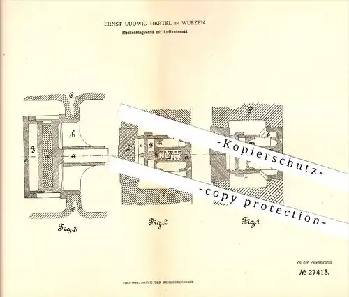 original Patent - Ernst Ludwig Hertel in Wurzen , 1883 , Rückschlagventil mit Luftkatarakt. , Ventile !!!