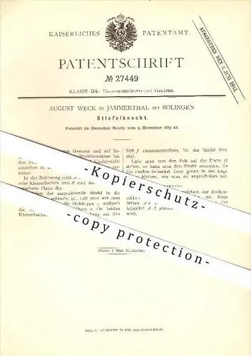 original Patent - August Weck in Jammertal bei Solingen , 1883 , Stiefelknecht , Stiefel , Schuhe , Schuster !!!