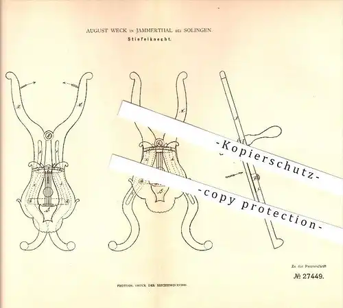 original Patent - August Weck in Jammertal bei Solingen , 1883 , Stiefelknecht , Stiefel , Schuhe , Schuster !!!