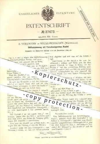 original Patent - B. Vortmann in Recklinghausen , 1883 , Stiftenhemmung mit freischwingendem Pendel , Uhren !!!