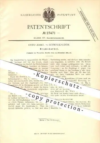 original Patent - Otto Zobel in Schmalkalden , 1883 , Bremskurbel , Bremsen , Fahrzeuge !!!