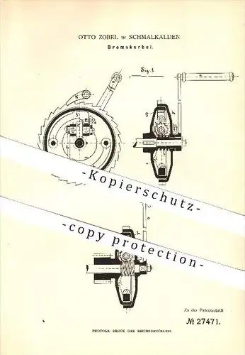 original Patent - Otto Zobel in Schmalkalden , 1883 , Bremskurbel , Bremsen , Fahrzeuge !!!