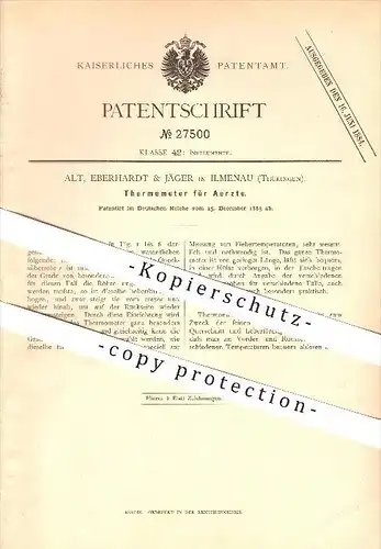original Patent - Alt , Eberhardt & Jäger in Ilmenau , 1883 , Thermometer für Ärzte , Arzt , Krankenwesen !!!