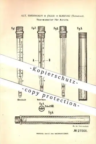 original Patent - Alt , Eberhardt & Jäger in Ilmenau , 1883 , Thermometer für Ärzte , Arzt , Krankenwesen !!!