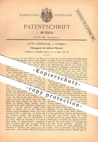 original Patent - Otto Hentschel in Grimma , 1885 , Filtrierapparat mit endlosem Filtertuch , Wasserleitung !!!