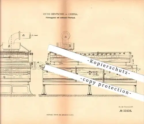 original Patent - Otto Hentschel in Grimma , 1885 , Filtrierapparat mit endlosem Filtertuch , Wasserleitung !!!