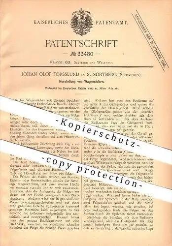 original Patent - Johan Olof Forsslund in Sundbyberg , Schweden , 1885 , Herstellung von Wagenrädern , Wagenbau !!!
