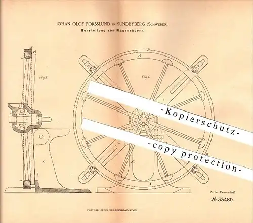 original Patent - Johan Olof Forsslund in Sundbyberg , Schweden , 1885 , Herstellung von Wagenrädern , Wagenbau !!!