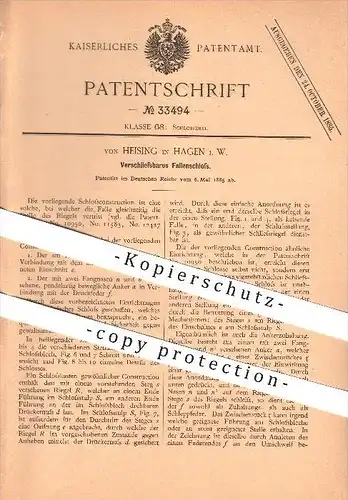 original Patent - Von Heising in Hagen i.W. , 1885 , Verschließbares Fallenschloss , Schlosserei , Türschloss !!!