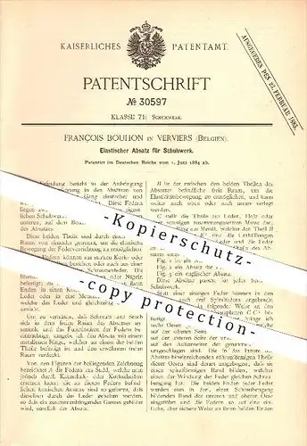 original Patent - Francois Bouhon in Verviers , Belgien , 1884 , Elastischer Absatz für Schuhwerk , Schuhe , Schuster !!