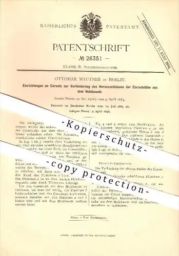 original Patent - Ottomar Mautner in Berlin , 1883 , Einrichtungen an Korsetts , Korsett , Mode , Bekleidung , corset !!