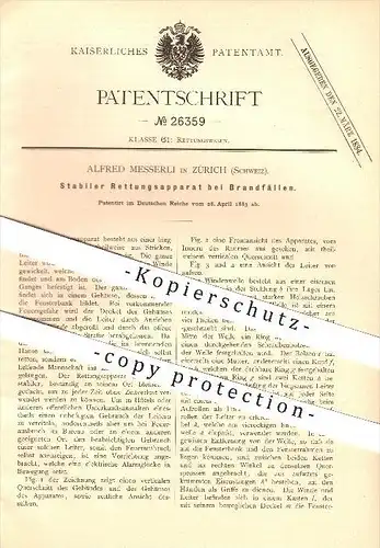 original Patent - Alfred Messerli in Zürich , 1883 , Rettungsapparat bei Brandfällen , Feuerwehr !!!