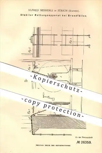 original Patent - Alfred Messerli in Zürich , 1883 , Rettungsapparat bei Brandfällen , Feuerwehr !!!