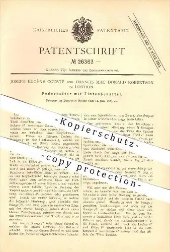 original Patent - Joseph E. Cousté & Francis Mac Donald Robertson in London , 1883 , Federhalter mit Tintenbehälter !!!