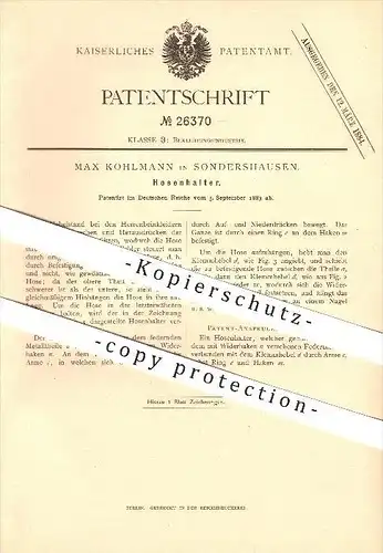 original Patent - Max Kohlmann in Sondershausen , 1883 , Hosenhalter , Hosenträger , Bekleidung , Mode !!!