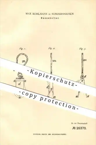 original Patent - Max Kohlmann in Sondershausen , 1883 , Hosenhalter , Hosenträger , Bekleidung , Mode !!!