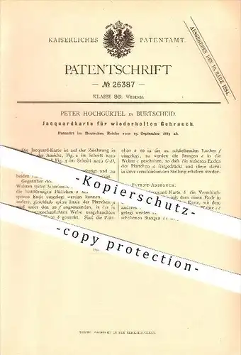 original Patent - Peter Hochgürtel in Burtscheid , 1883 , Jacquardkarte , Weberei , Bernkastel - Wittlich !!!