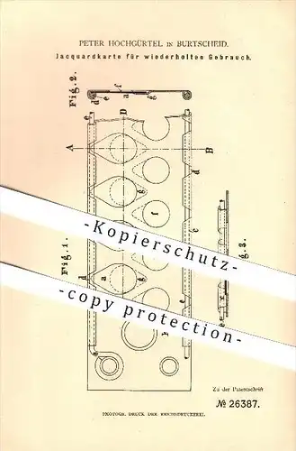 original Patent - Peter Hochgürtel in Burtscheid , 1883 , Jacquardkarte , Weberei , Bernkastel - Wittlich !!!