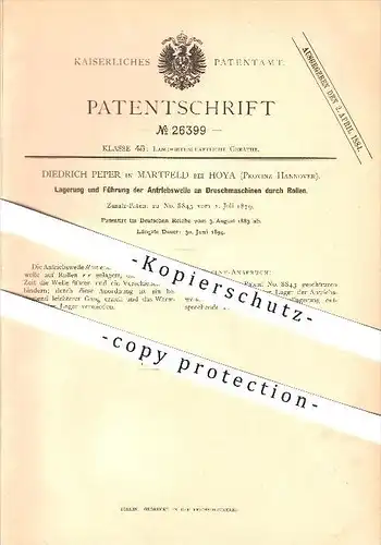 original Patent - Diedrich Peper in Martfeld bei Hoya , 1883 , Lagerung für Drehmaschinen , Bruchhausen-Vilsen !!