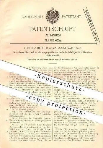 original Patent - Ferencz Berger in Magyar-Ovar , Ungarn , 1902 , Schreibmaschine für Laute , Mosonmagyaróvár !!!