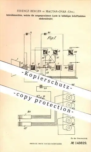 original Patent - Ferencz Berger in Magyar-Ovar , Ungarn , 1902 , Schreibmaschine für Laute , Mosonmagyaróvár !!!