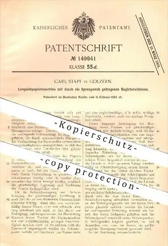 original Patent - Carl Stapf in Golzern b. Grimma , 1903 , Papiermaschine mit Registerschienen , Papierfabrik !!!