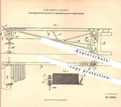 original Patent - Carl Stapf in Golzern b. Grimma , 1903 , Papiermaschine mit Registerschienen , Papierfabrik !!!