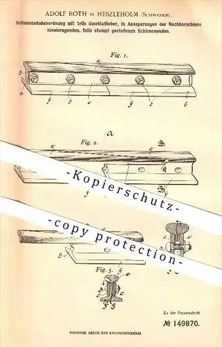 original Patent - Adolf Roth in Heszleholm / Hässleholm , Schweden , 1903 , Schienenanordnung mit Schienenenden !!!