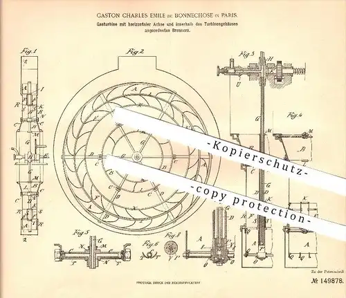 original Patent - Gaston Charles Emile de Bonnechose in Paris , 1902 , Gasturbine mit horiz. Achse und Brennern !!!