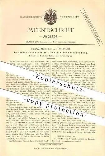original Patent - Franz Müller in Hadamar , 1883 , Schornstein mit Ventilation , Ofenbau , Schornstein , Gebläse !!!