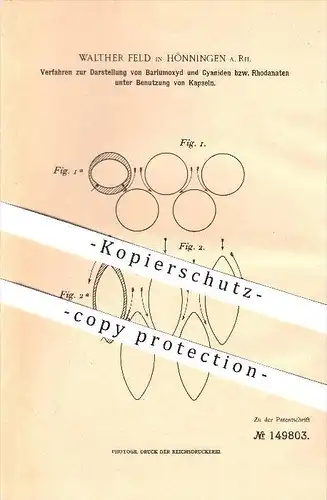 original Patent - Walter Feld in Hönningen , 1901 , Verfahren zur Darstellung von Bariumoxyd & Cyaniden mit Kapseln !!!