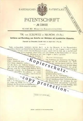 original Patent - Th. von Lukowitz in Neumühl / Nowy Mlyn ,1884, Schärfen von Mühlsteinen, Mühlen , Rastenburg / Ketrzyn