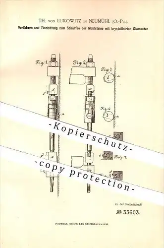 original Patent - Th. von Lukowitz in Neumühl / Nowy Mlyn ,1884, Schärfen von Mühlsteinen, Mühlen , Rastenburg / Ketrzyn