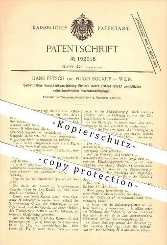 original Patent - Hans Petsch & Hugo Soukup in Wien , 1896 , Verschluss für selbstkassierenden Inseratenaufnehmer !!!