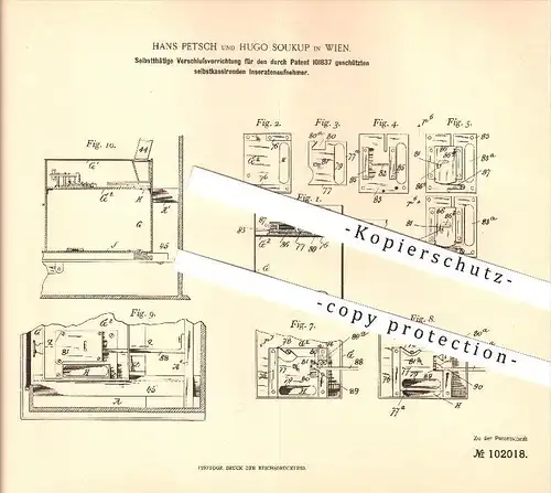 original Patent - Hans Petsch & Hugo Soukup in Wien , 1896 , Verschluss für selbstkassierenden Inseratenaufnehmer !!!