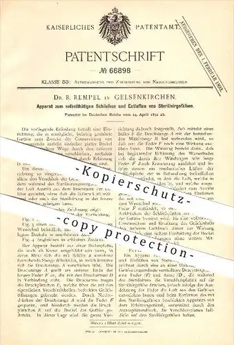 original Patent - Dr. R. Rempel in Gelsenkirchen , 1892 , Apparat zum Schliessen u. Entlüften von Gefäßen !!!