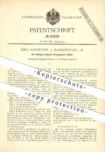 original Patent - Emil Schneider in Badenweiler , 1895 , Bei mäßigem Anprall wirkungsloser Buffer , Tür , Schlosserei !!