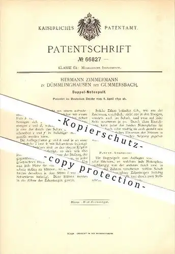 original Patent - Hermann Zimmermann in Dümmlinghausen b. Gummersbach , 1892 , Doppel Notenpult , Noten , Musik !!!