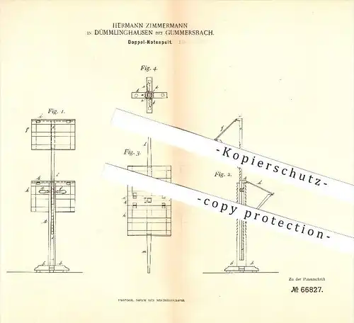 original Patent - Hermann Zimmermann in Dümmlinghausen b. Gummersbach , 1892 , Doppel Notenpult , Noten , Musik !!!