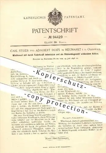 original Patent - Carl Steier & Adalbert Doifl in Neumarkt , 1896 , Windkessel mit Kolben , Kessel , Pumpen !!!