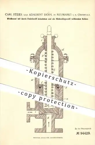 original Patent - Carl Steier & Adalbert Doifl in Neumarkt , 1896 , Windkessel mit Kolben , Kessel , Pumpen !!!