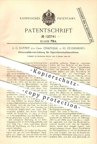 original Patent - A. G. Katzky & G. Chapchal in St. Petersburg ,1900, Vorrichtung für Zigarettenstopfmaschinen , Rußland