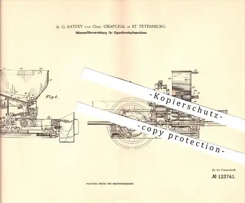 original Patent - A. G. Katzky & G. Chapchal in St. Petersburg ,1900, Vorrichtung für Zigarettenstopfmaschinen , Rußland