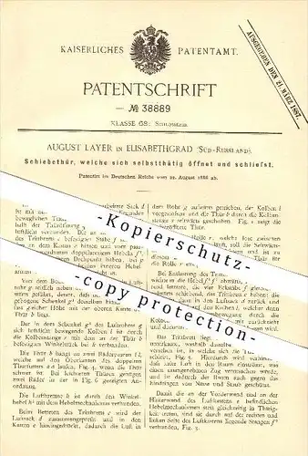 original Patent - August Layer in Elisabethgrad , Russland , 1886 , selbst öffnende u. schliessende Schiebetür !!!