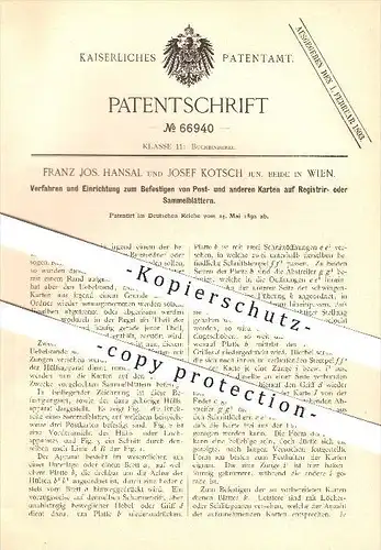 original Patent - Franz Hansal & Josef Kotsch in Wien , 1892 , Befestigung von Karten auf Sammelblättern , Buchbinder !!