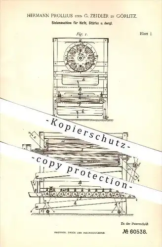 original Patent - Hermann Prollius & G. Zeidler in Görlitz , 1891 , Siebmaschine für Hefe und Stärke , Brauerei !!!